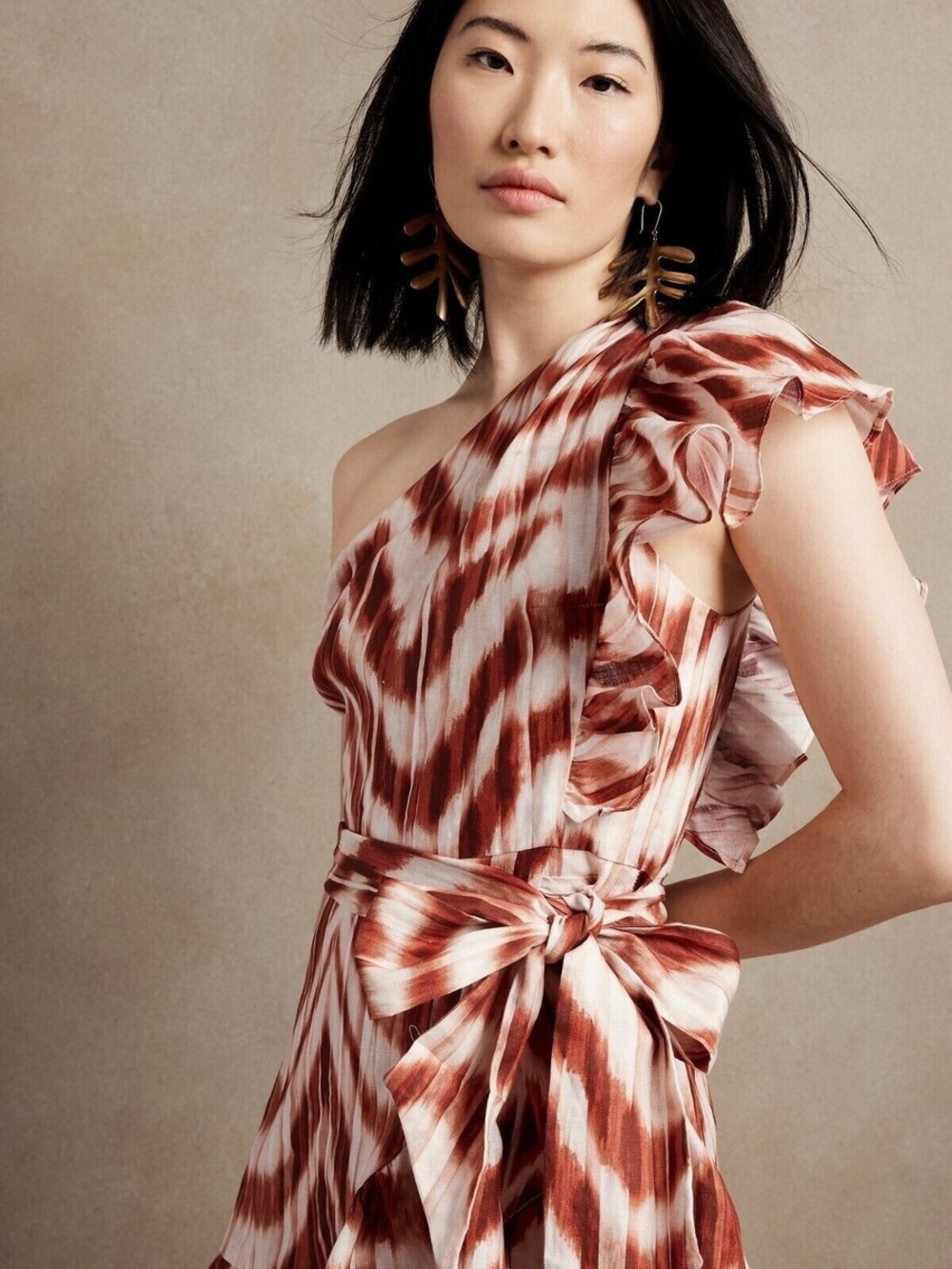 Banana Republic Linen Printed Ruffle one shoulder Dress orange size 8 NWT